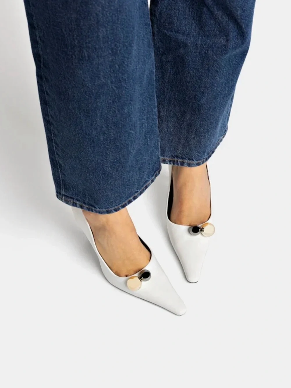 Larroude White Leather Pointed Toe Stiletto Pumps with Gold Orb Accent
